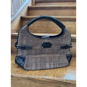 KATE‎ SPADE Brown Basket Weave Black Patent Leather Bag Hobo Purse Handbag